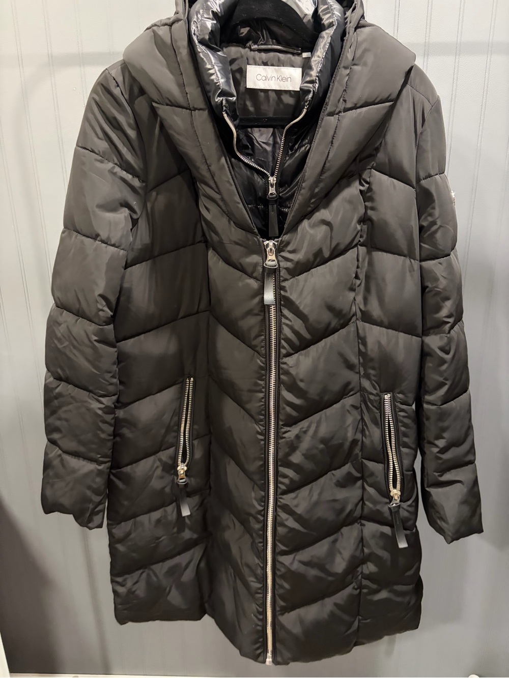 Calvin Klein Women's Long Black Quilted Puffer Coat with Hood